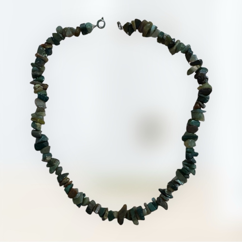 Green and Brown Stone Chip Necklace | Natural Gemstone Boho Necklace | 17.5”